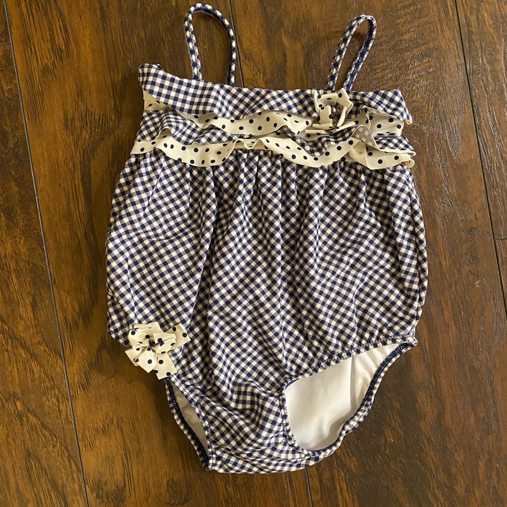 Kate Mack Navy Gingham and Cream Polka Dot One-Piece Swimsuit